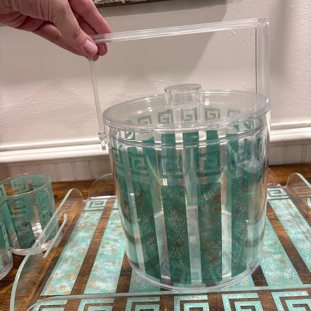 Vintage HJ Stotter Lucite Ice Bucket Tray Lowball Rocks Glass Set Grecian Boha
